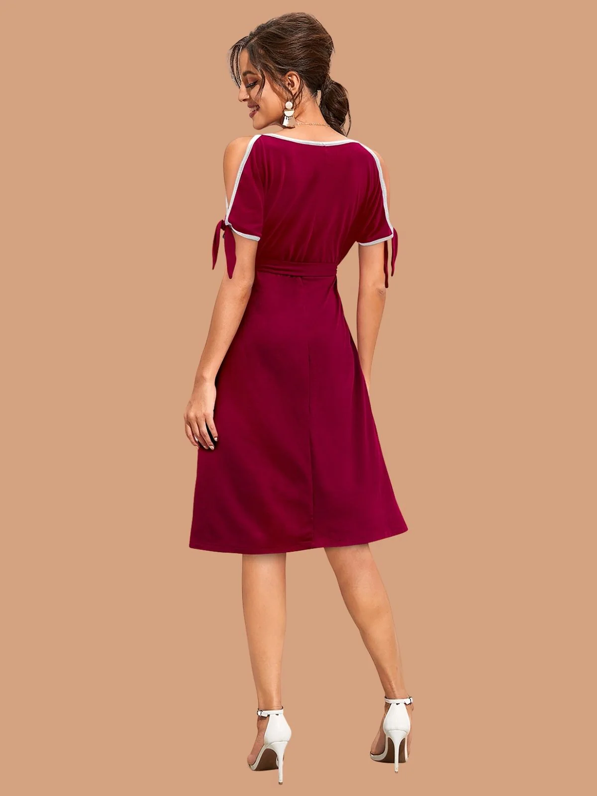 Odette Maroon Polyester Blend Solid Dress For Women - Image 3