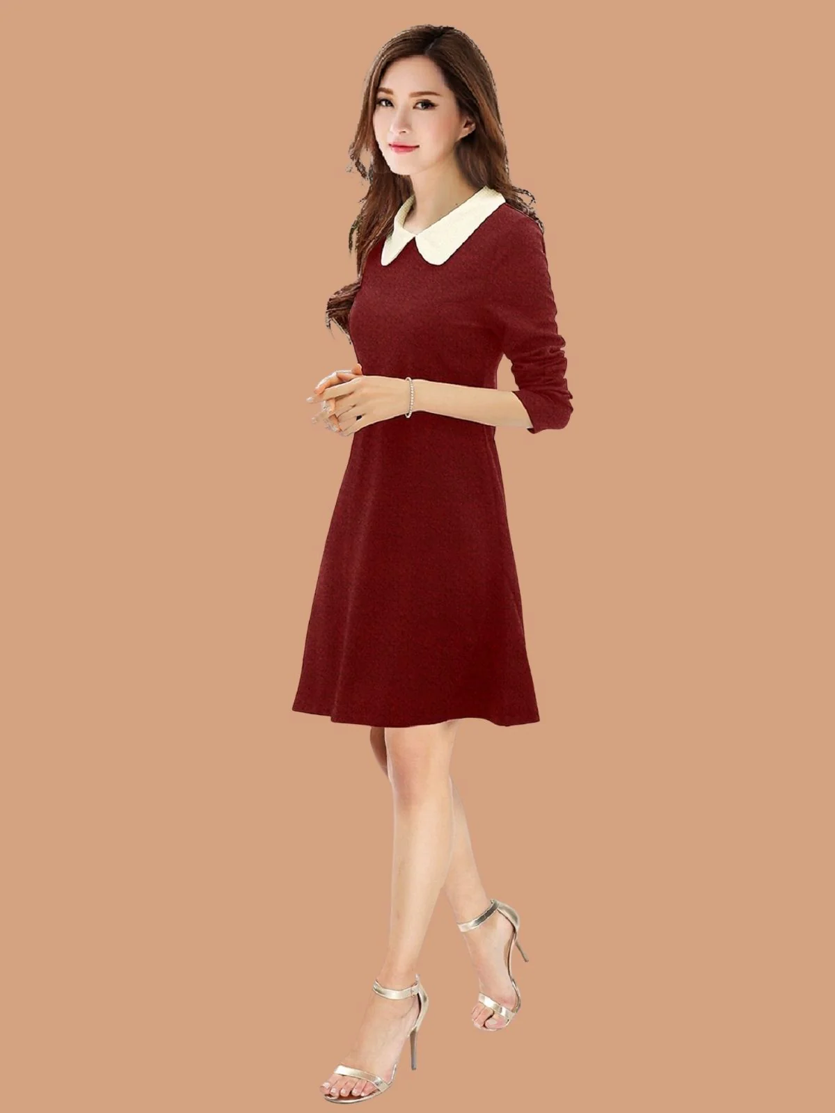 Odette Maroon Polyester Blend Solid Dress For Women - Image 2