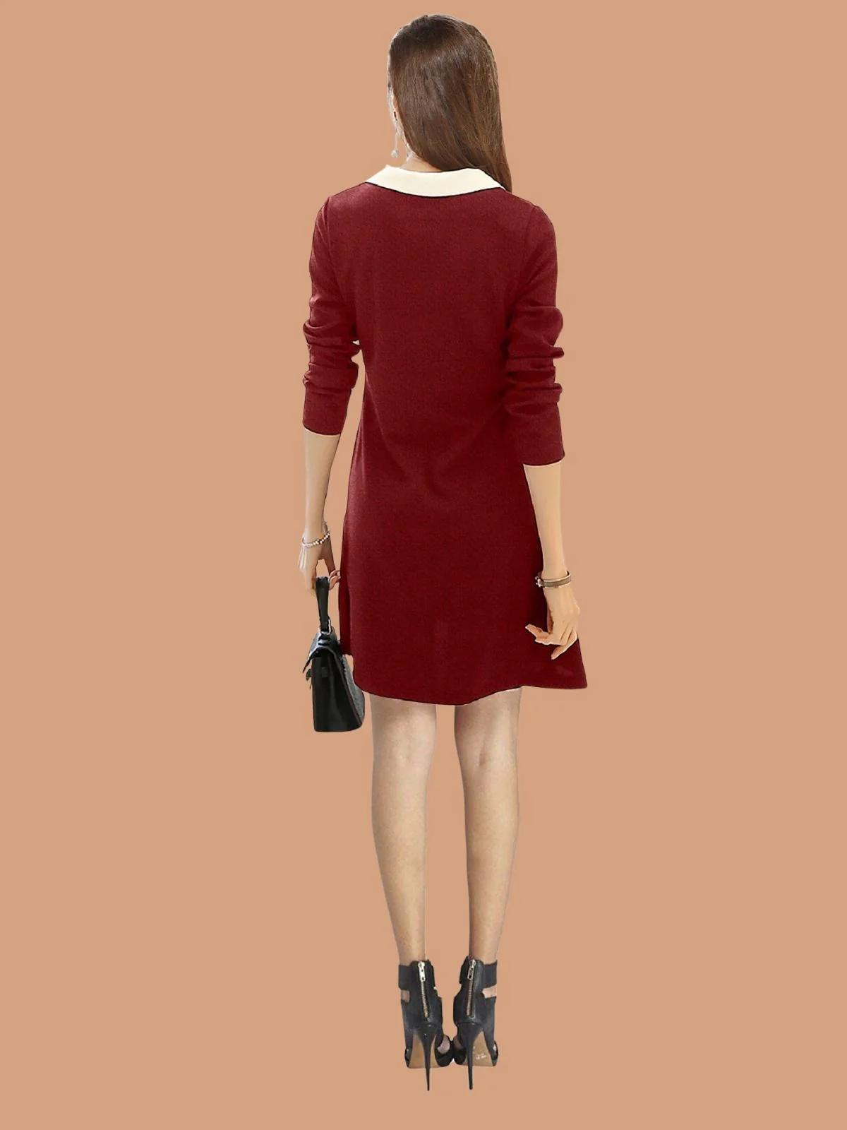 Odette Maroon Polyester Blend Solid Dress For Women - Image 3