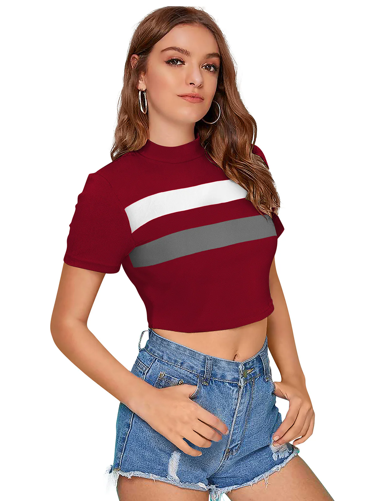Odette Maroon Polyester Color Block Top For Women - Image 2