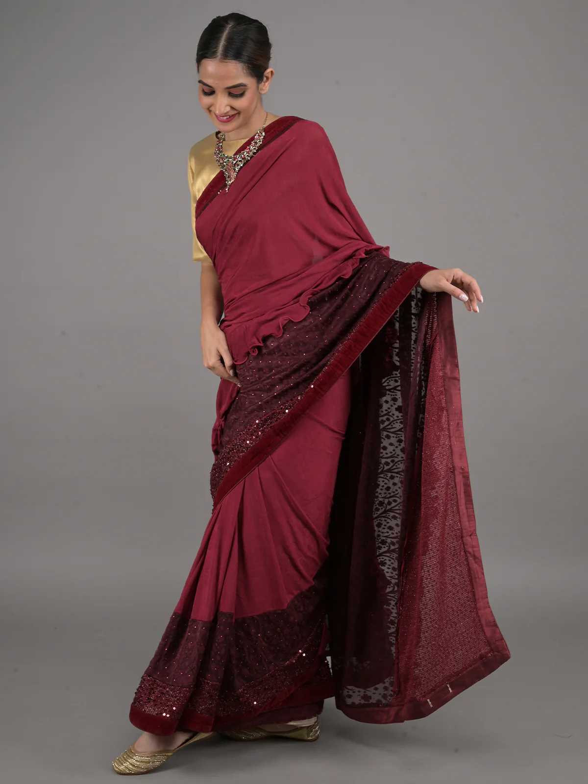 Odette Maroon Polyester Embellished Saree With Unstitched Blouse For Women - Image 2