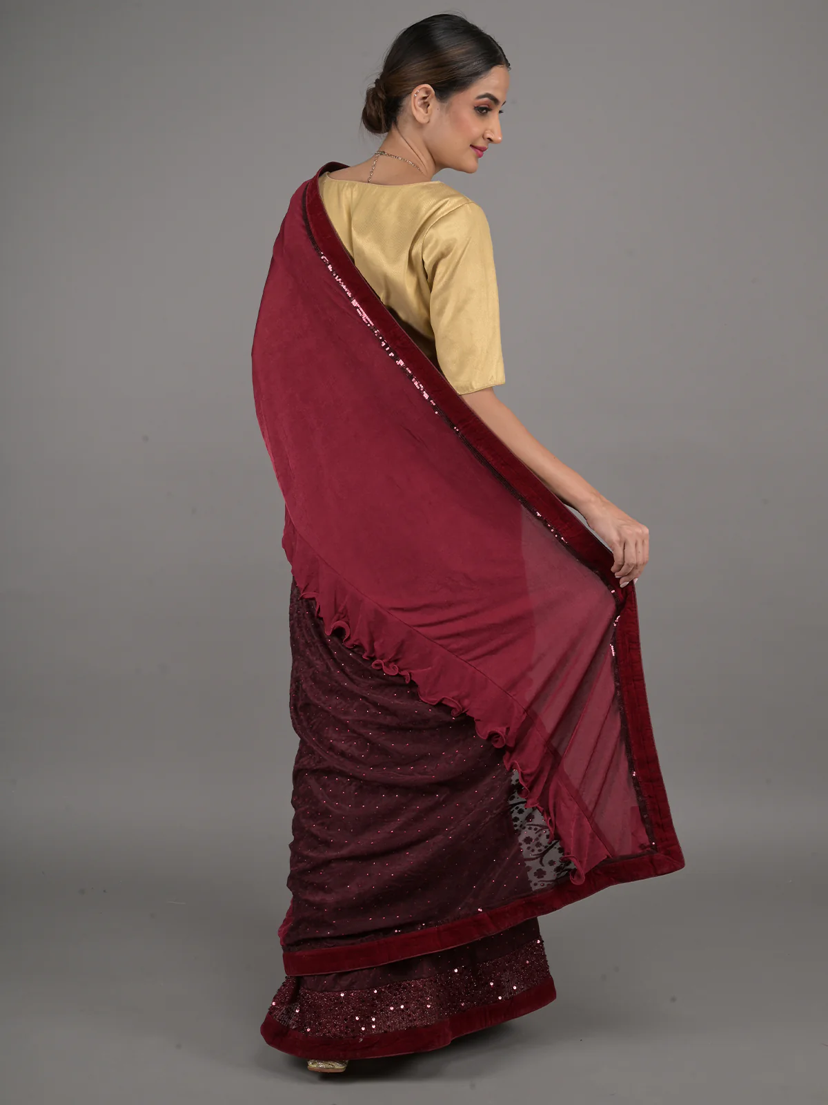 Odette Maroon Polyester Embellished Saree With Unstitched Blouse For Women - Image 3