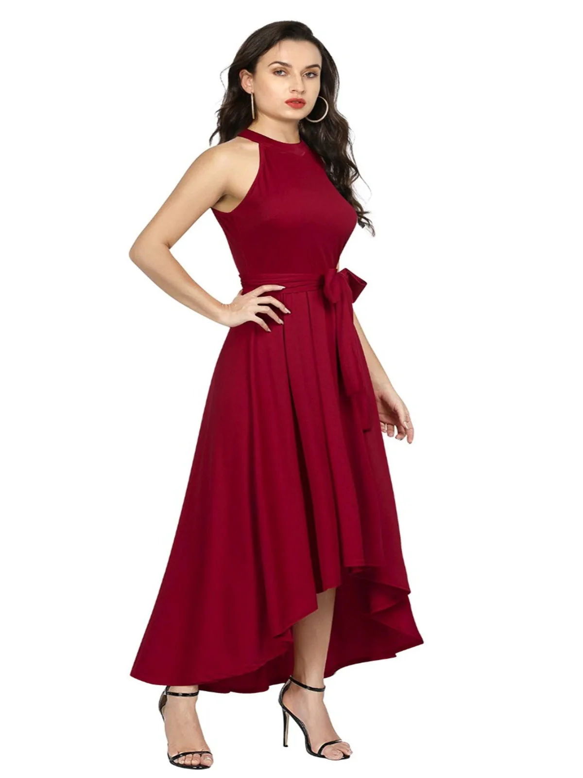 Odette Maroon Polyester High Low Dress For Women - Image 2