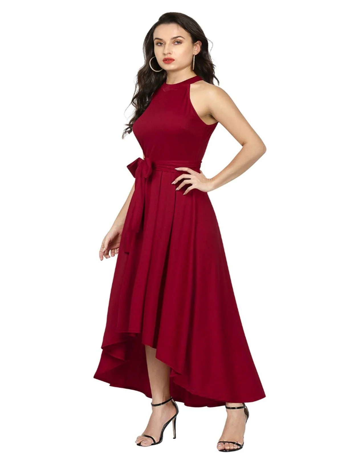 Odette Maroon Polyester High Low Dress For Women - Image 3