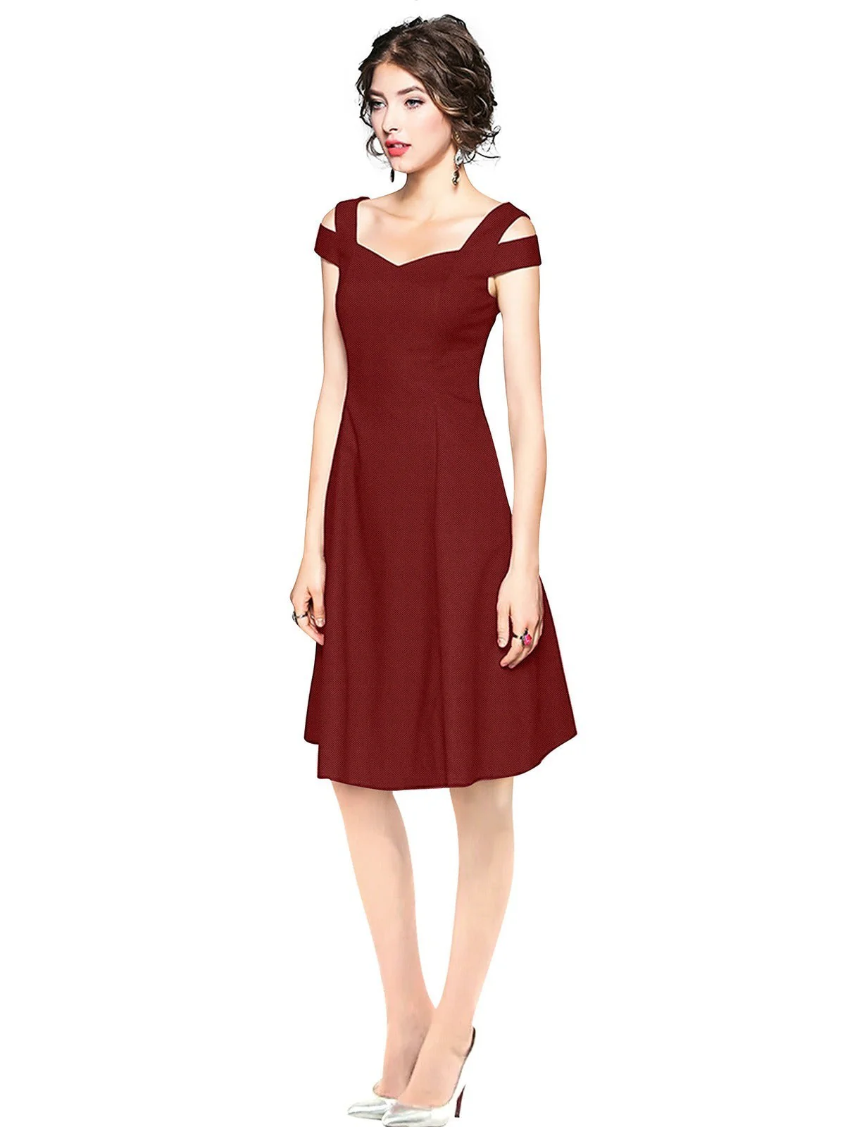 Odette Maroon Polyester Skater  Dress For Women - Image 3