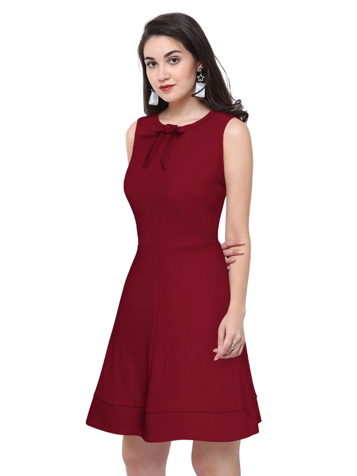 Odette Maroon Polyester Skater  Dress For Women - Image 2