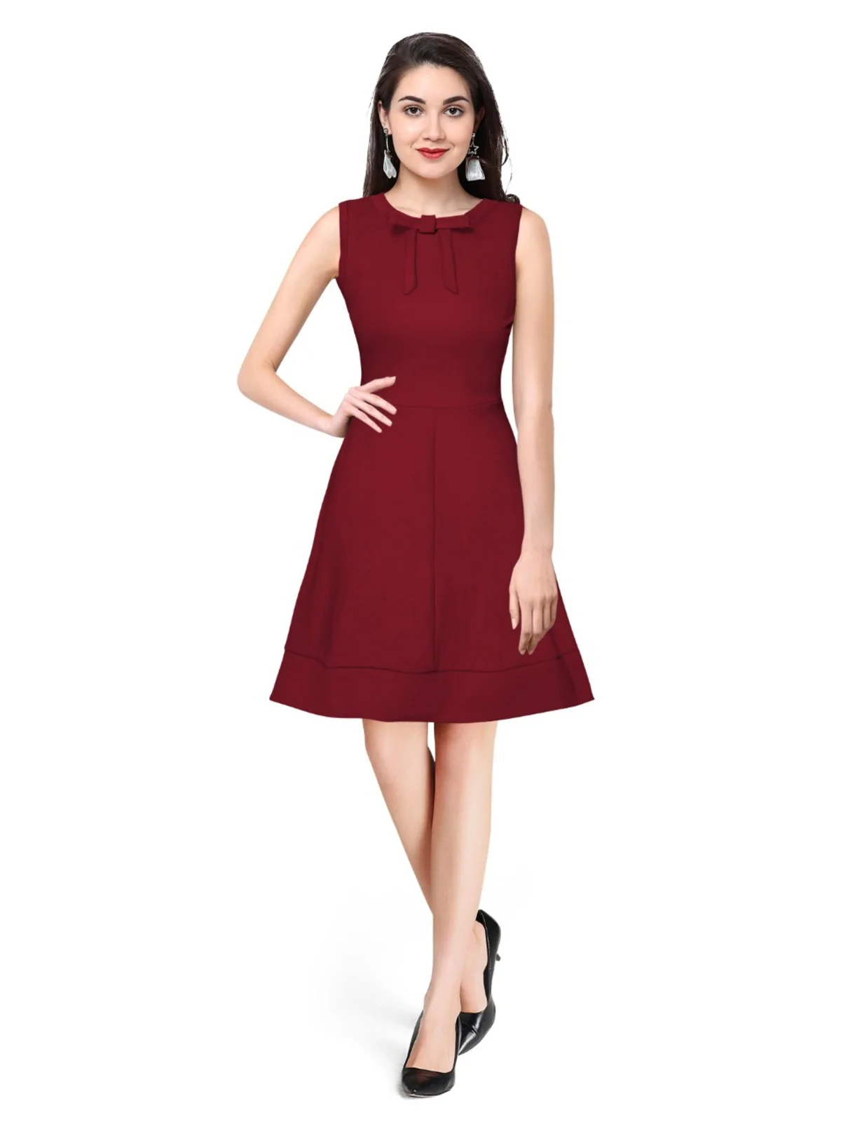 Odette Maroon Polyester Skater  Dress For Women - Image 3