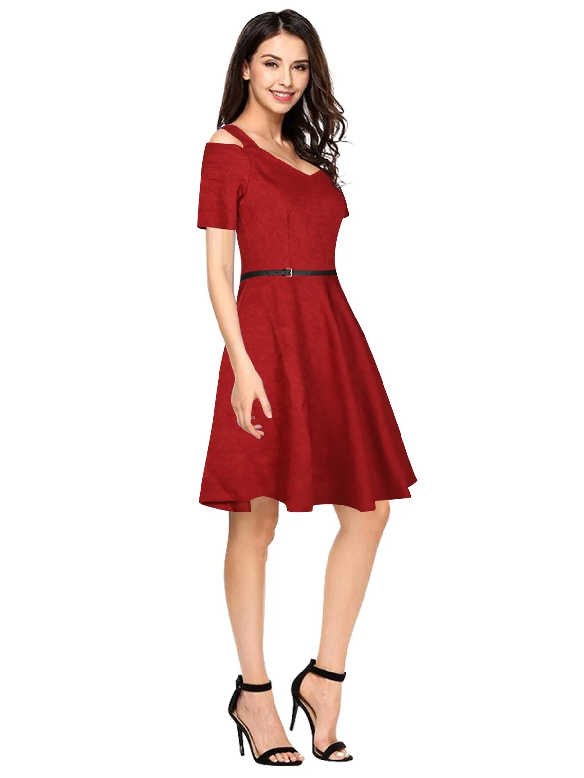 Odette Maroon Polyester Skater Dress For Women - Image 2