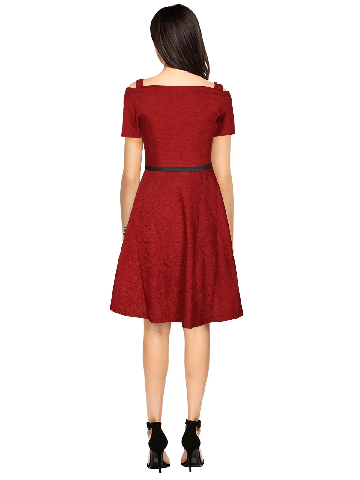 Odette Maroon Polyester Skater Dress For Women - Image 4