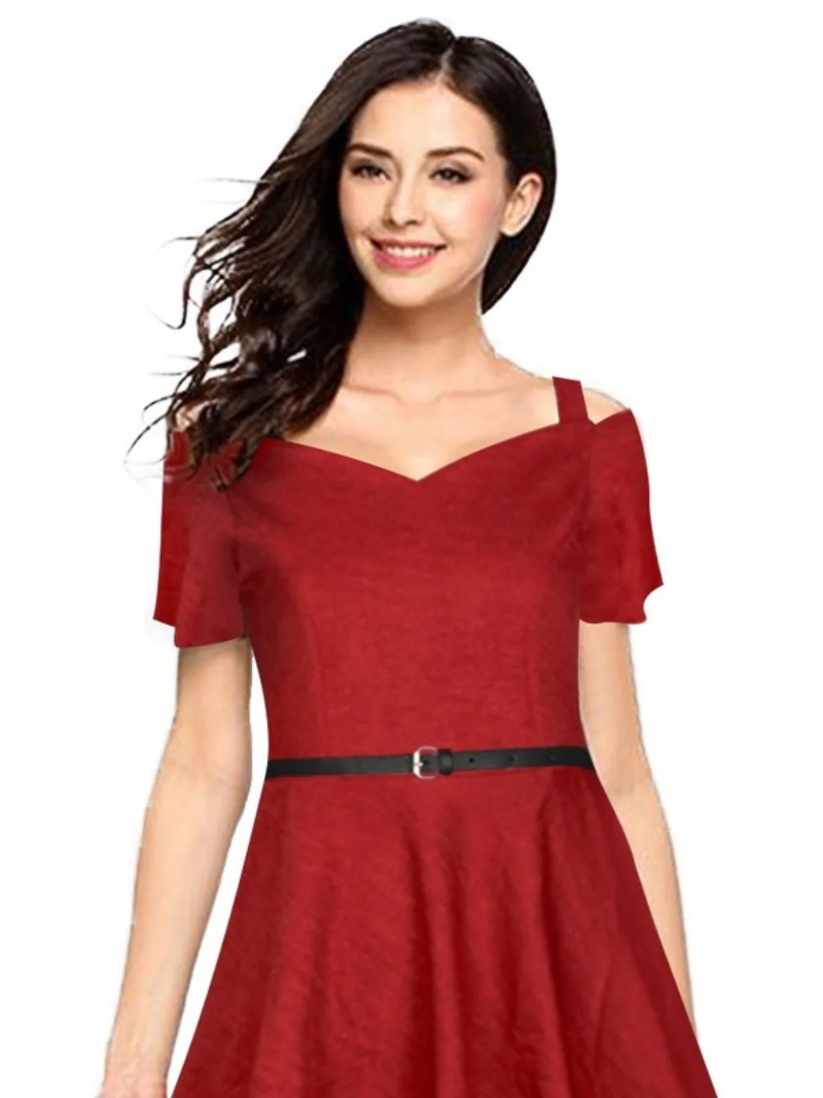 Odette Maroon Polyester Skater Dress For Women - Image 5