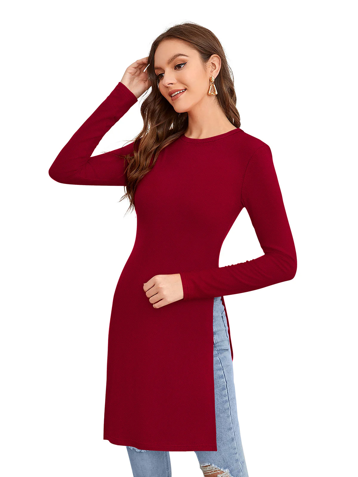Odette Maroon Polyester Solid Long Top For Women - Image 3