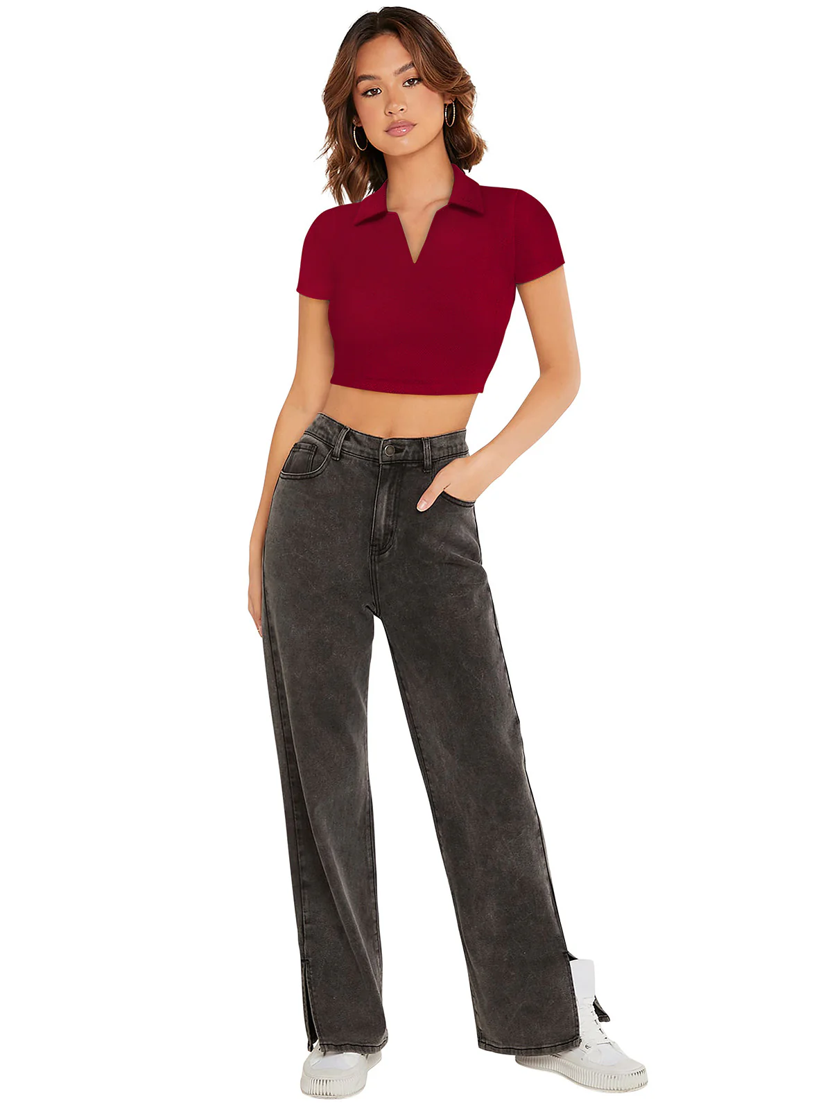 Odette Maroon Polyester Solid Top For Women - Image 5