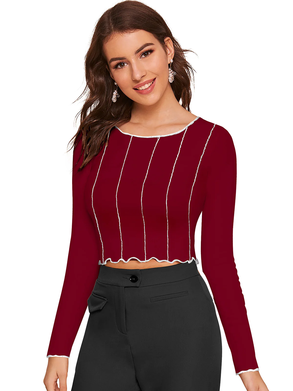 Odette Maroon Polyester Striped Top For Women - Image 2