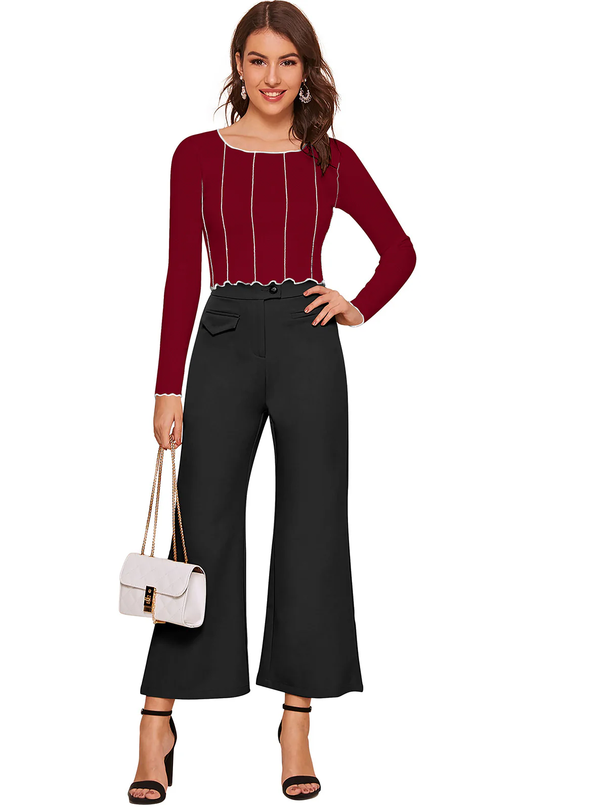 Odette Maroon Polyester Striped Top For Women - Image 5
