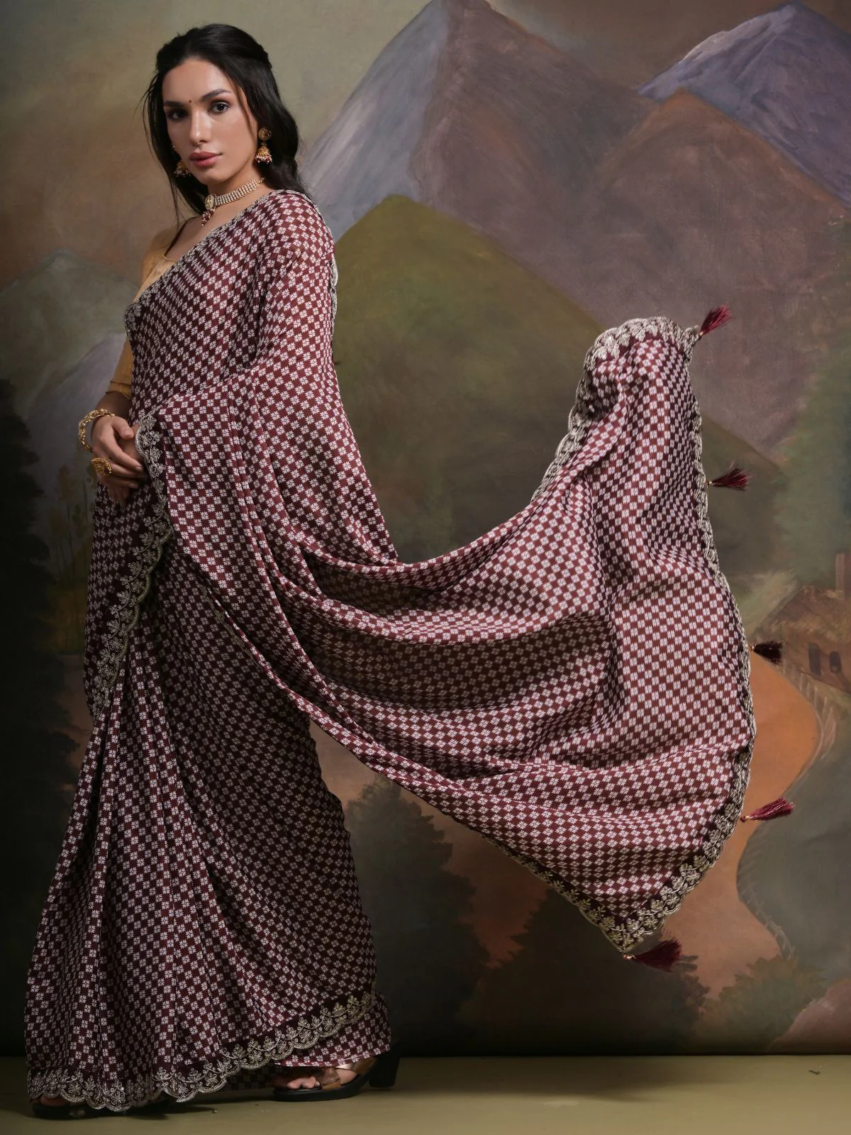 Odette Wine Printed Chiffon Saree With Unstitched Blouse For Women - Image 2