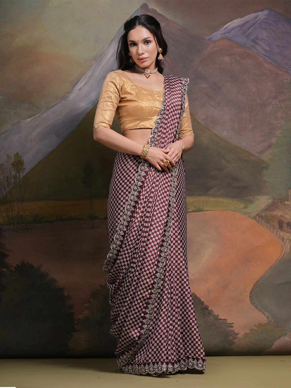 Odette Wine Printed Chiffon Saree With Unstitched Blouse For Women - Image 3