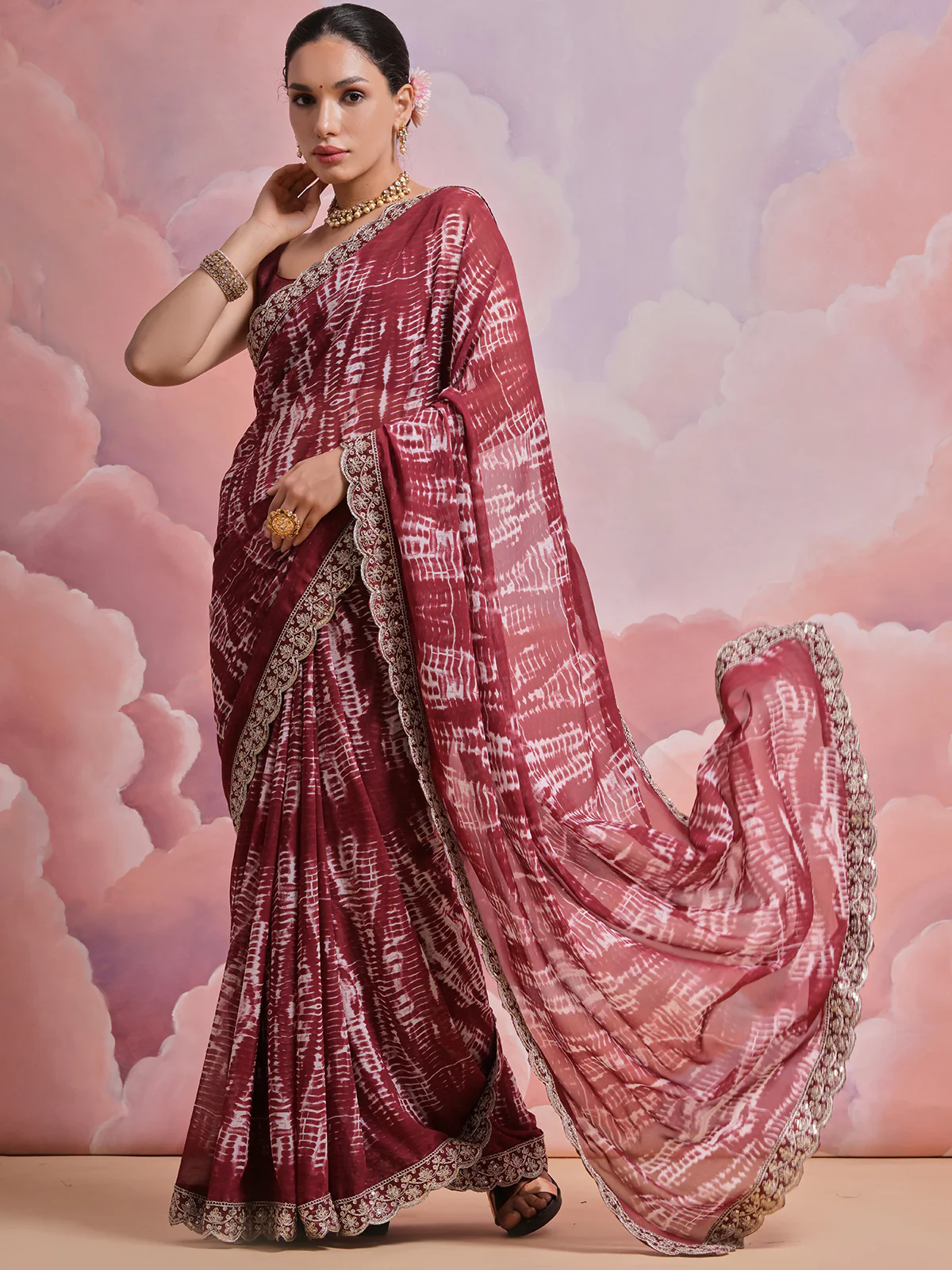 Odette Maroon Printed Georgette  Saree With Unstitched Blouse For Women - Image 2