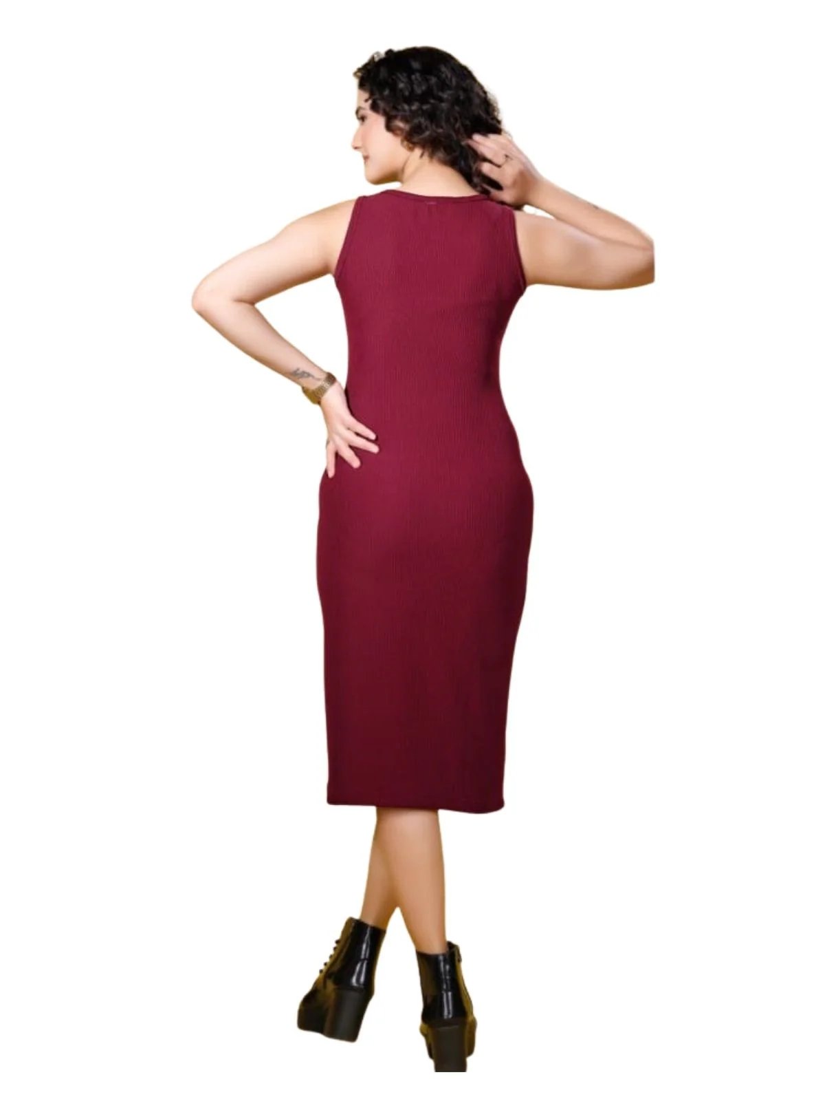Odette Maroon Ribbed Knit Solid Dresses For Women - Image 3