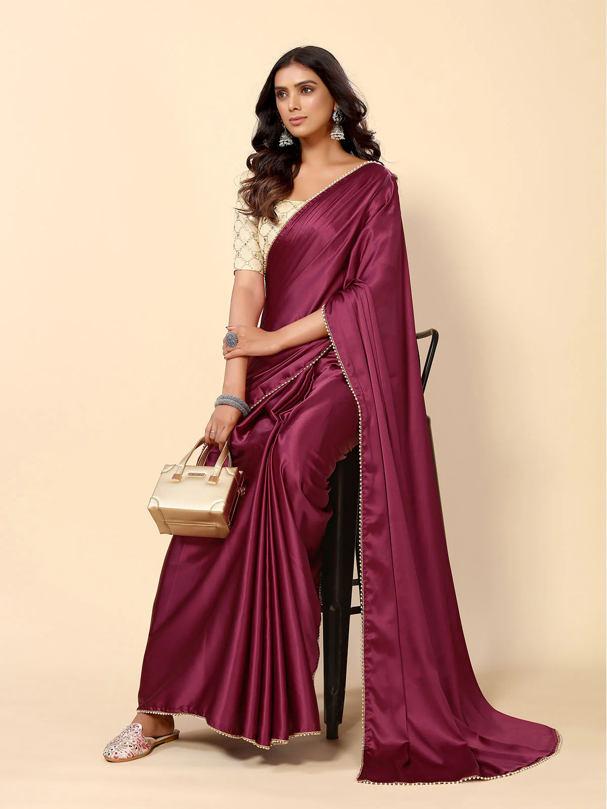 Odette Maroon Satin Embellished Saree With Unstitched Blouse For Women - Image 2