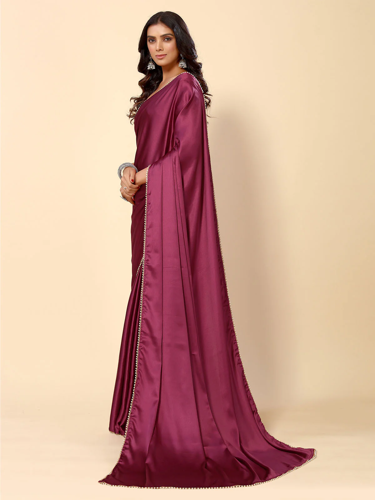 Odette Maroon Satin Embellished Saree With Unstitched Blouse For Women - Image 3
