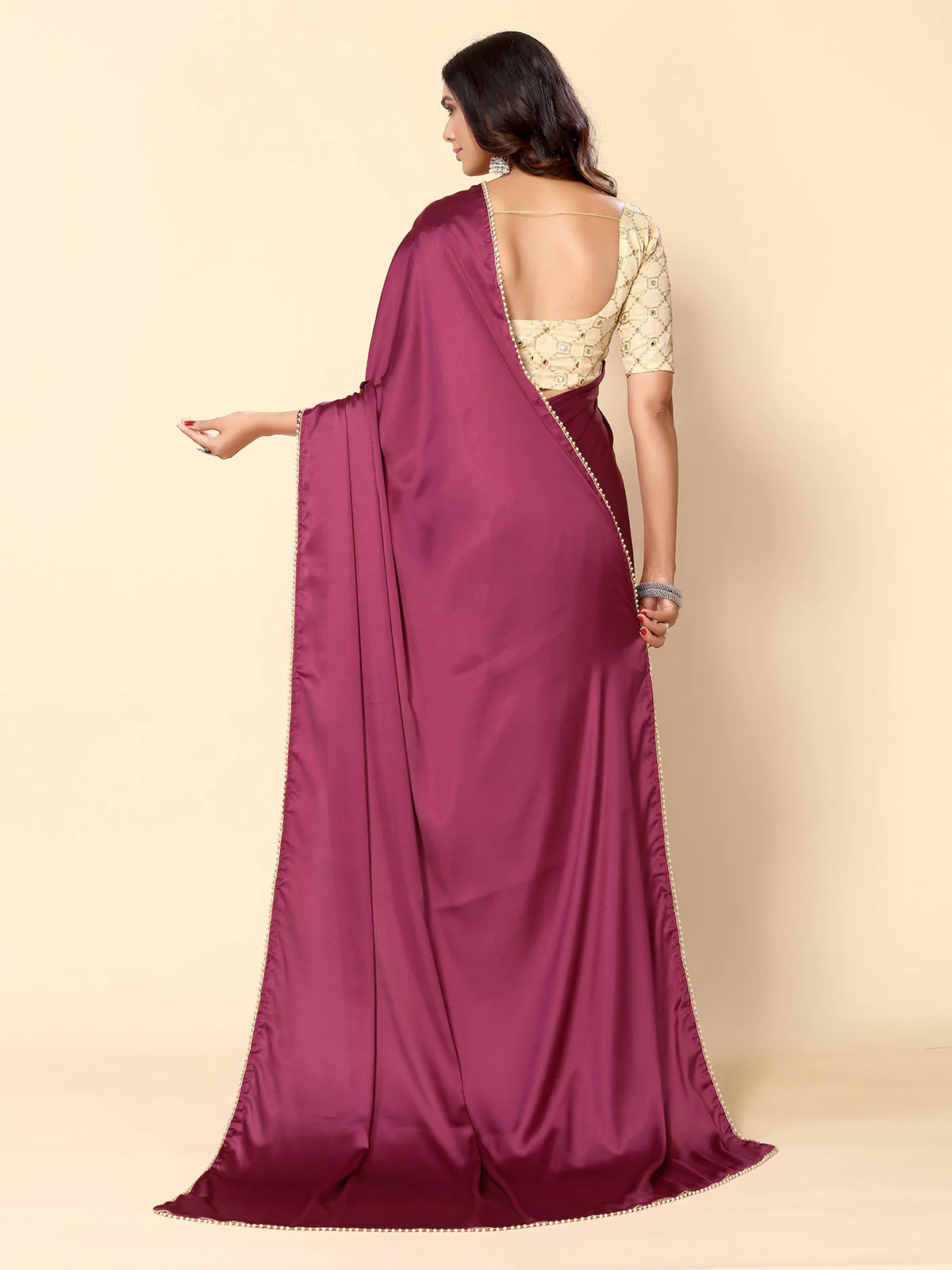 Odette Maroon Satin Embellished Saree With Unstitched Blouse For Women - Image 4