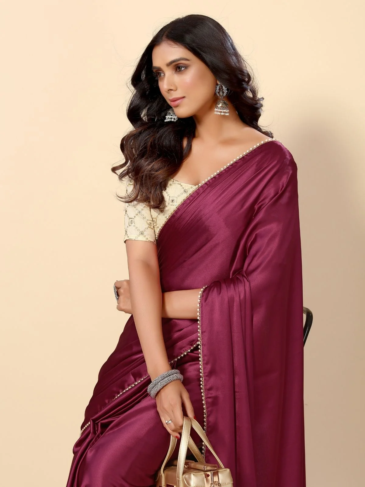 Odette Maroon Satin Embellished Saree With Unstitched Blouse For Women - Image 5