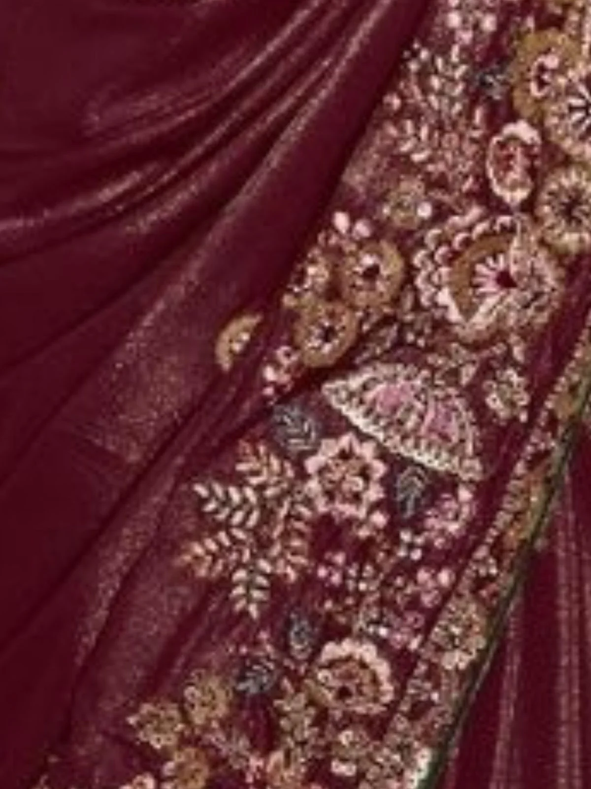 Odette Maroon Satin Embroidered Elegant Saree For Women - Image 4