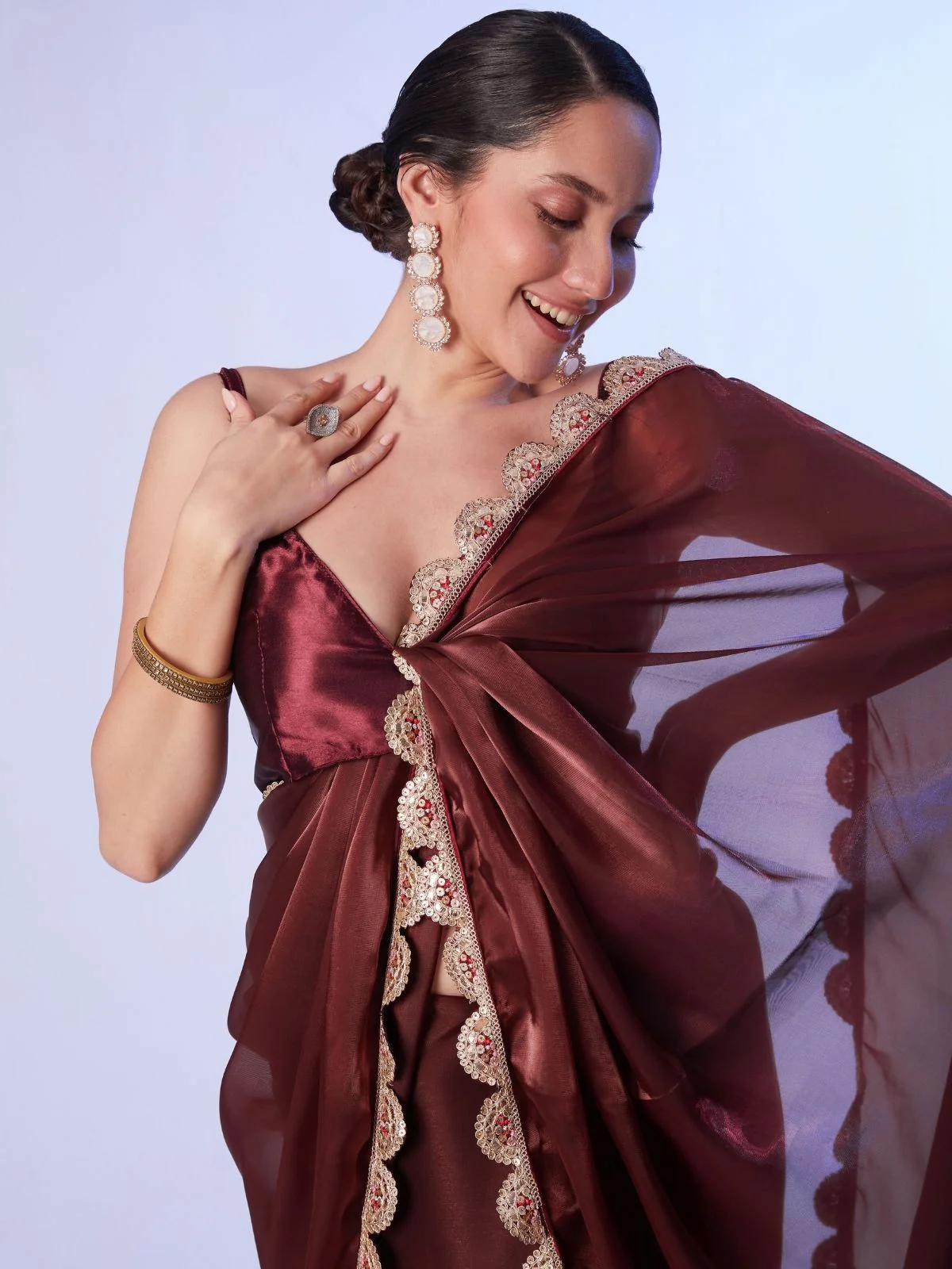 Odette Maroon Satin Lace Work Saree With Unstitched Blouse For Women - Image 4