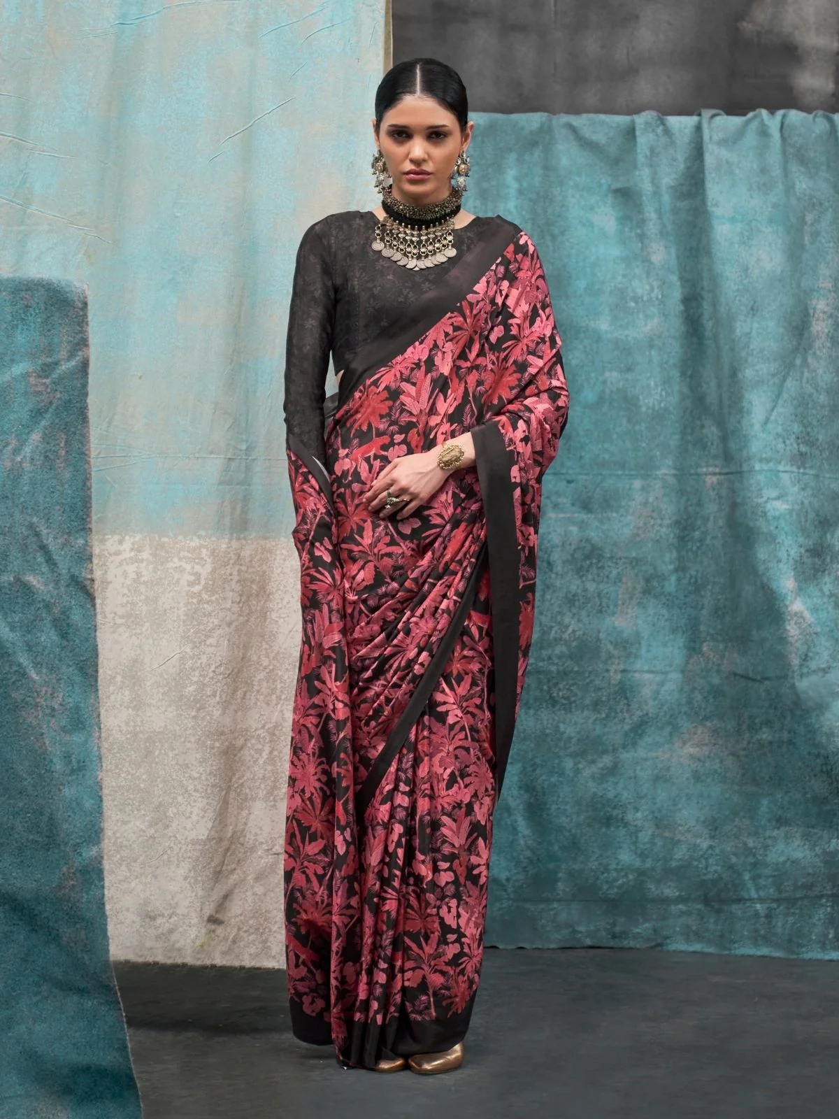 Odette Maroon Satin Printed Saree With Unstitched Blouse For Women - Image 2