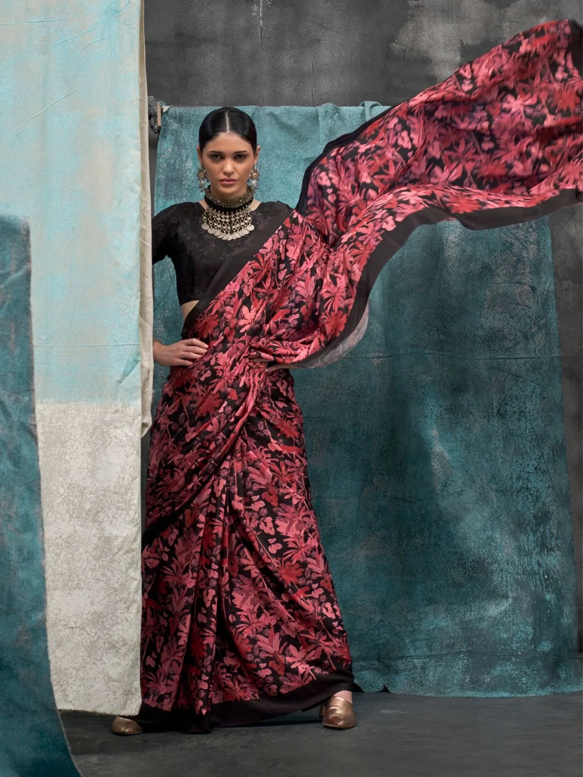 Odette Maroon Satin Printed Saree With Unstitched Blouse For Women - Image 3