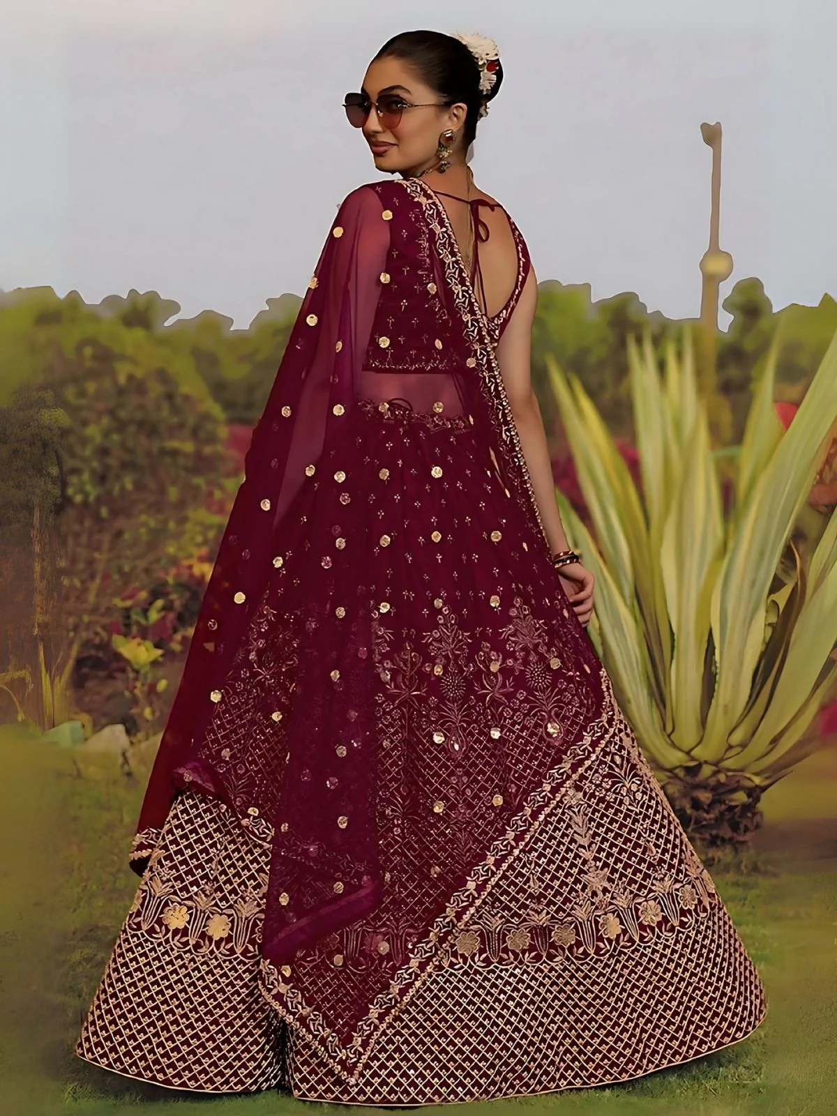 Odette Maroon Satin Silk Embroidered Semi-Stitched Lehenga For Women - Image 2