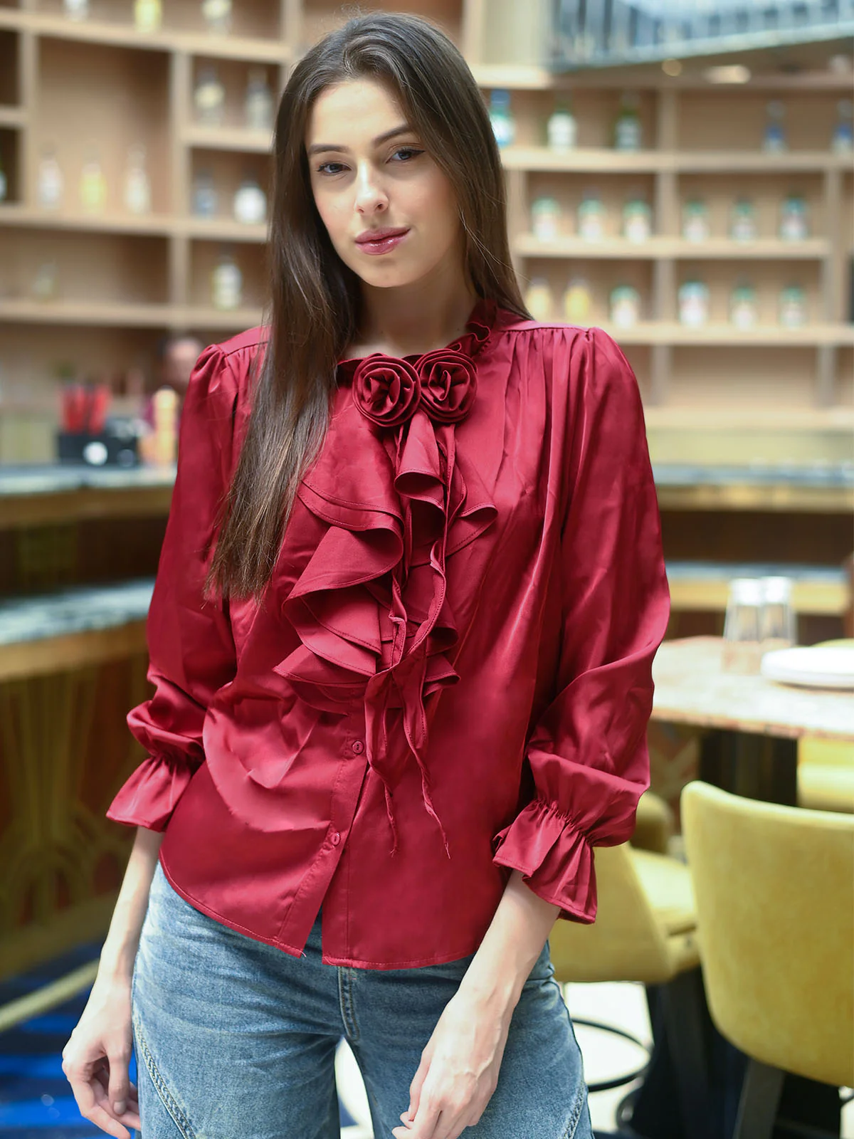 Odette Maroon Satin Solid Top For Women - Image 2