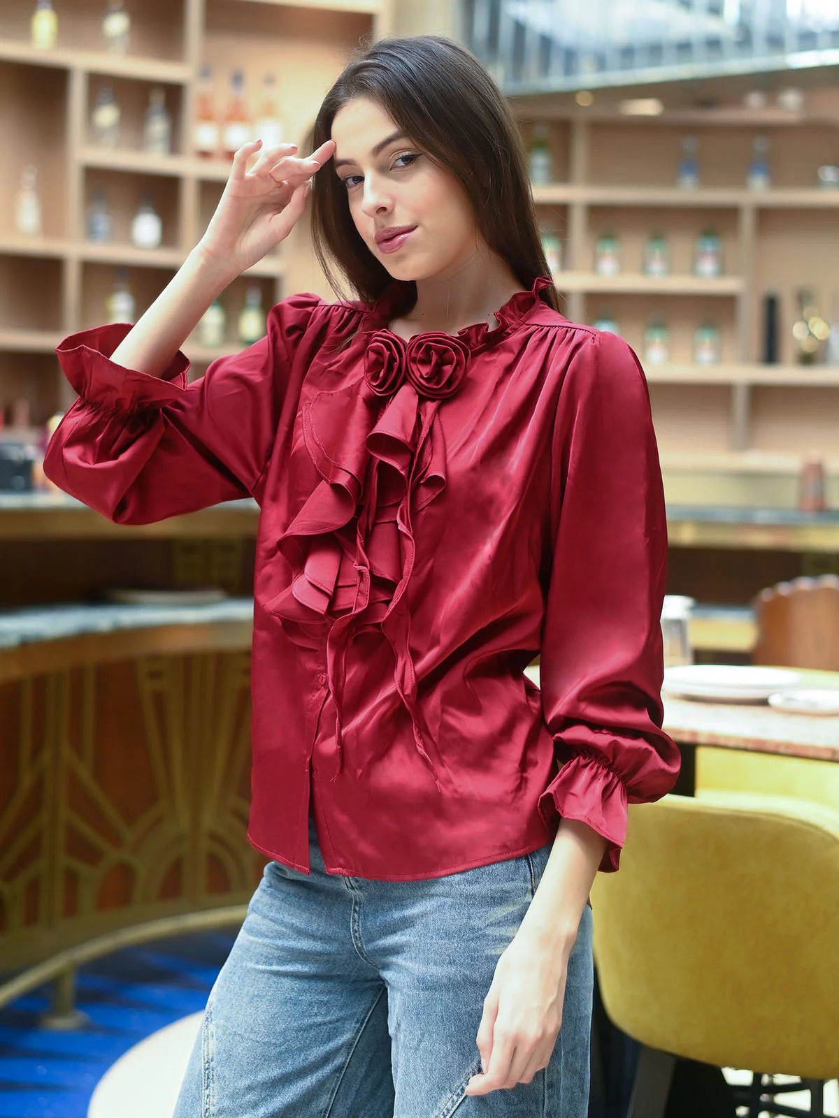 Odette Maroon Satin Solid Top For Women - Image 3