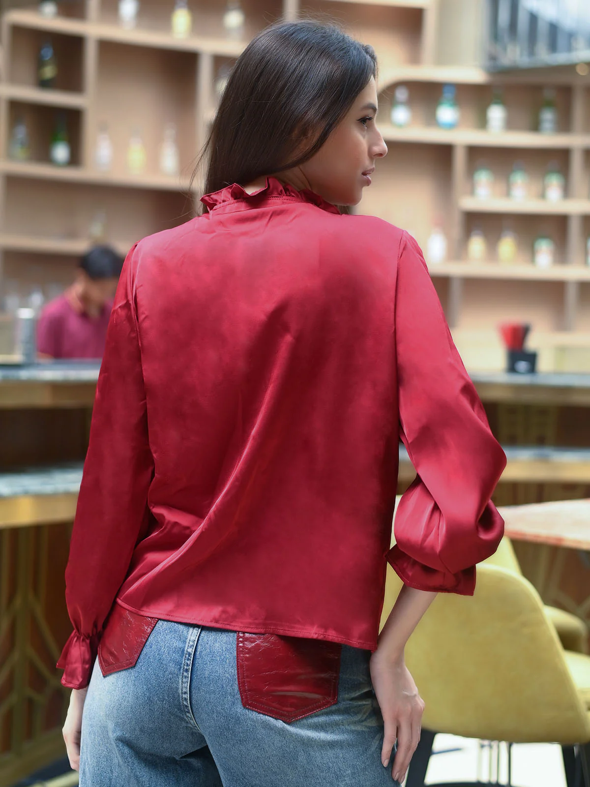 Odette Maroon Satin Solid Top For Women - Image 4