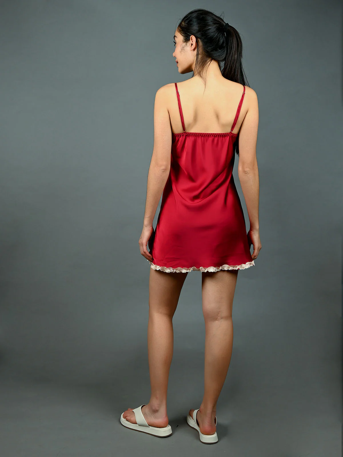 Odette Maroon Satin With Lace Work Night Wear For Women - Image 4