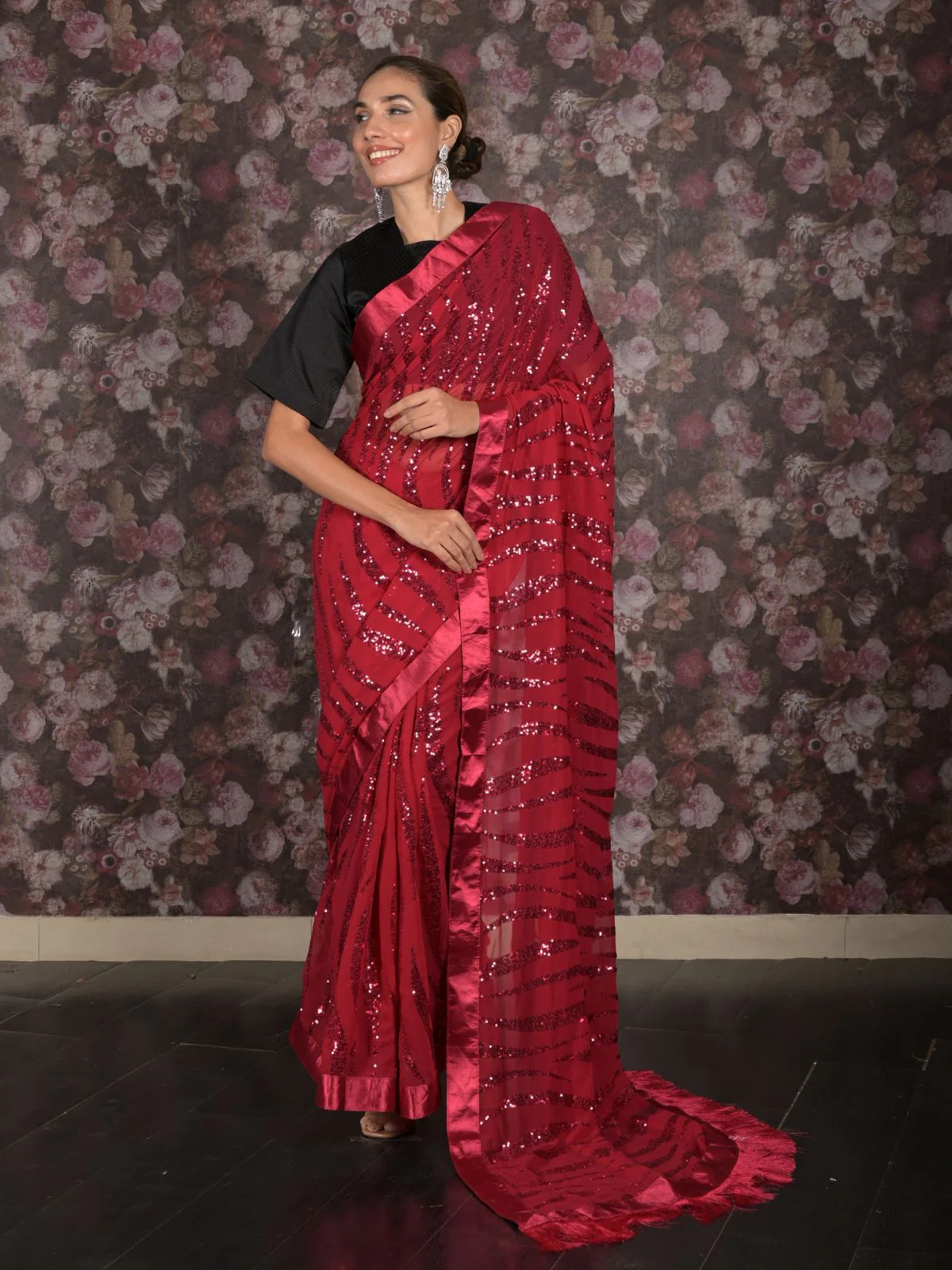 Odette Maroon Sequins Embroidered Georgette Saree with Unstitched Blouse for Women - Image 2