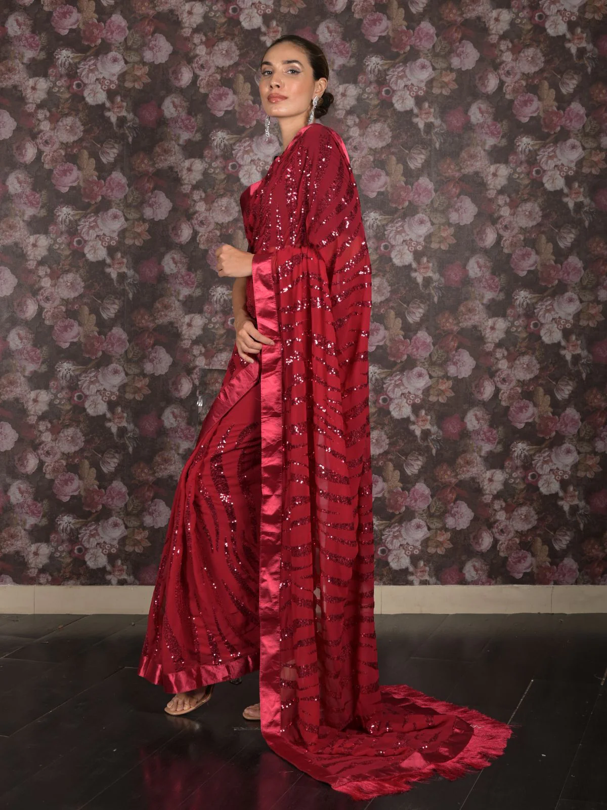 Odette Maroon Sequins Embroidered Georgette Saree with Unstitched Blouse for Women - Image 3