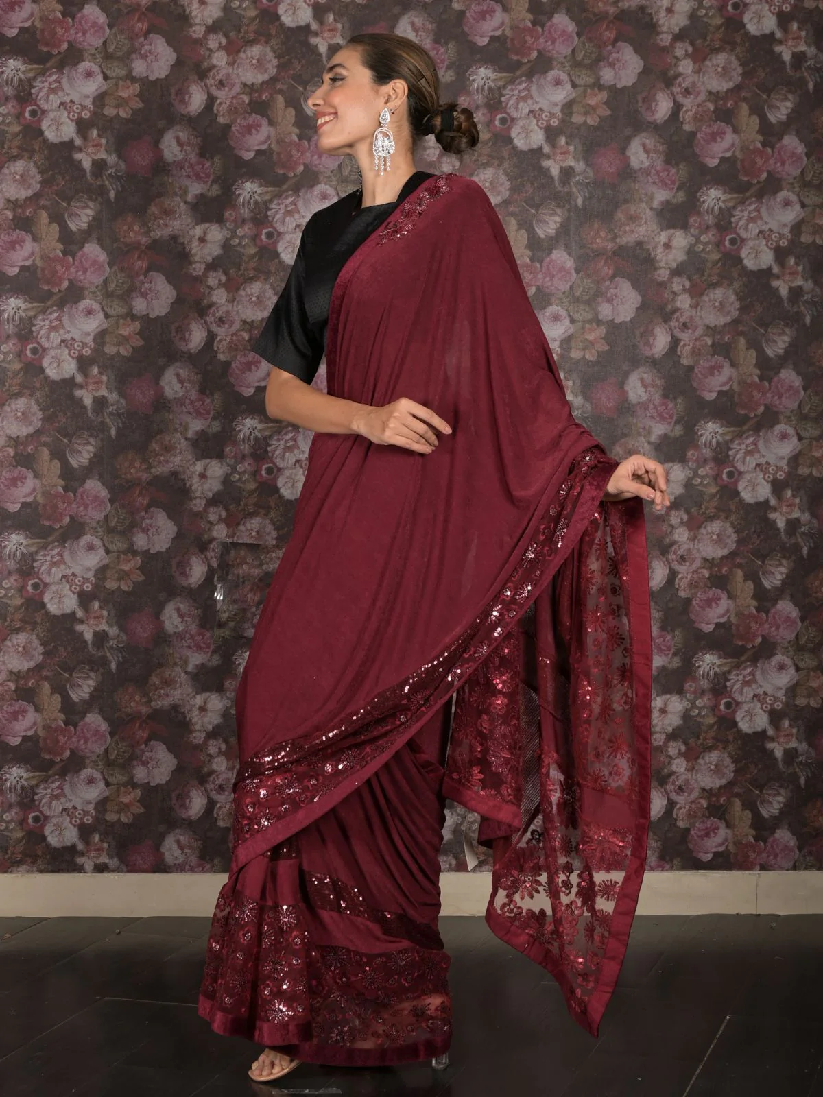 Odette Maroon Sequins Embroidered Lycra and Net Saree with Unstitched Blouse for Women - Image 3