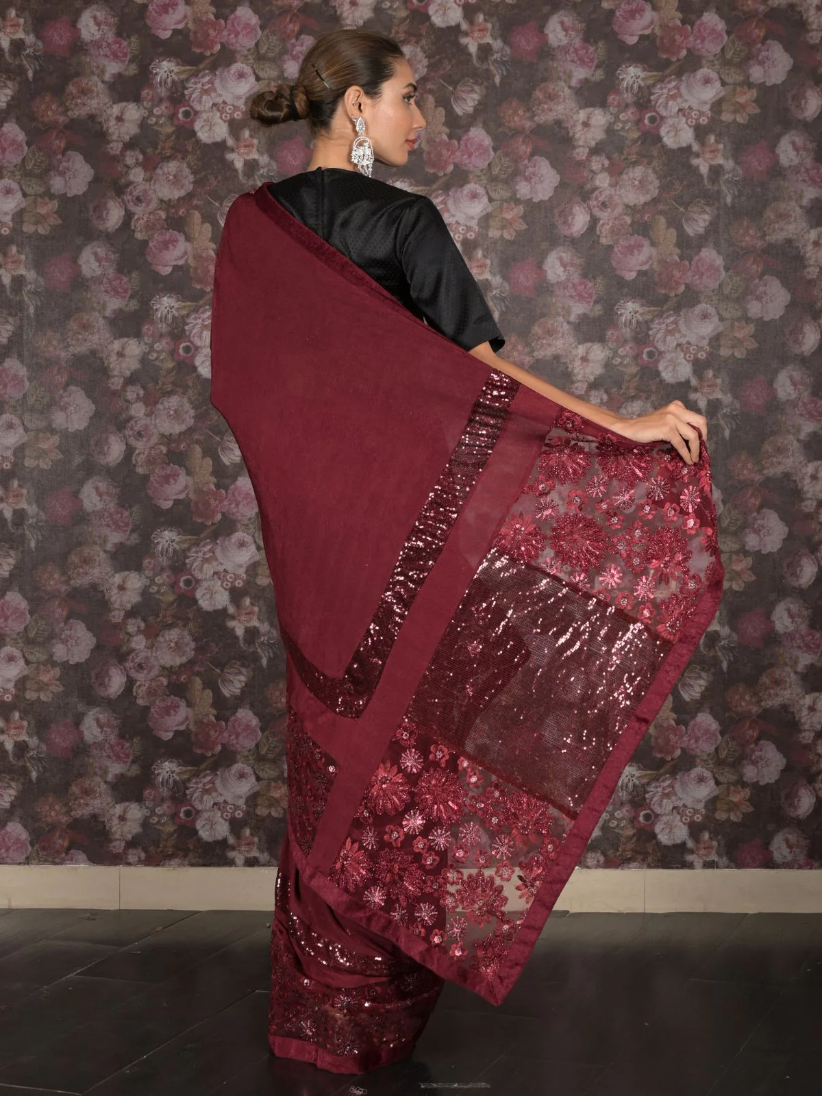 Odette Maroon Sequins Embroidered Lycra and Net Saree with Unstitched Blouse for Women - Image 4