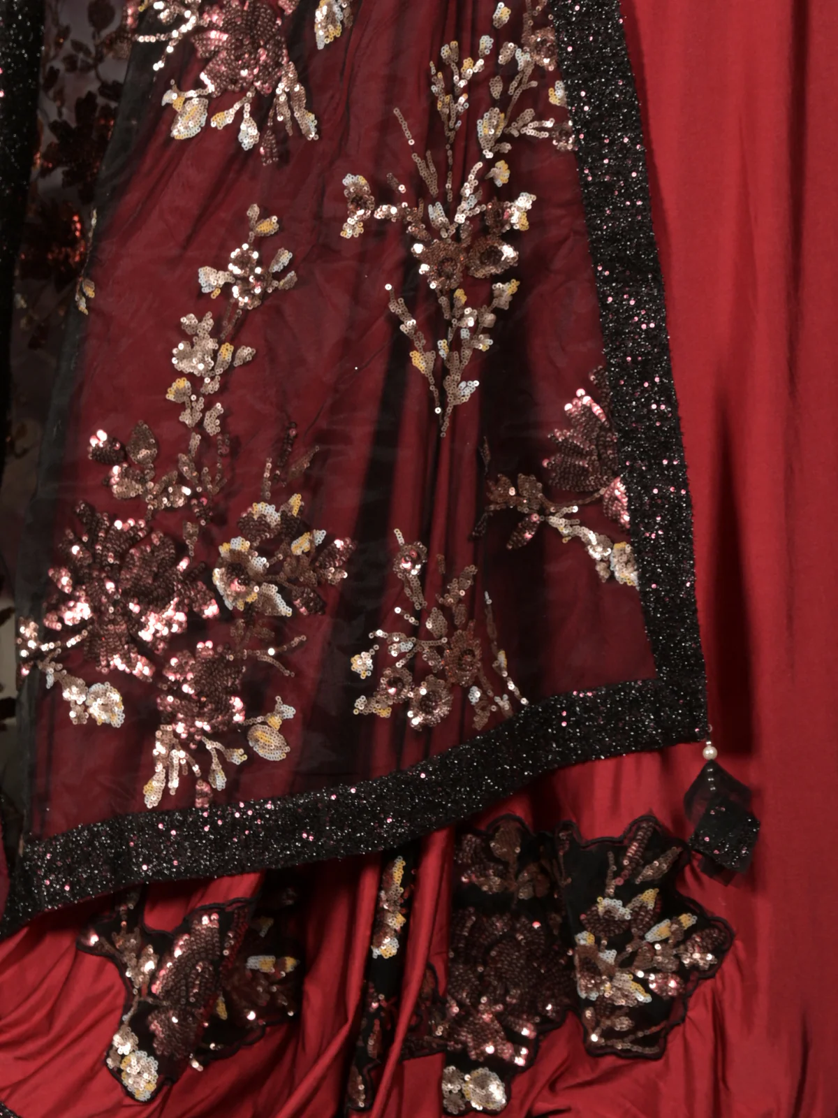 Odette Maroon Sequins Embroidered Lycra Saree with Stitched Blouse for Women - Image 5