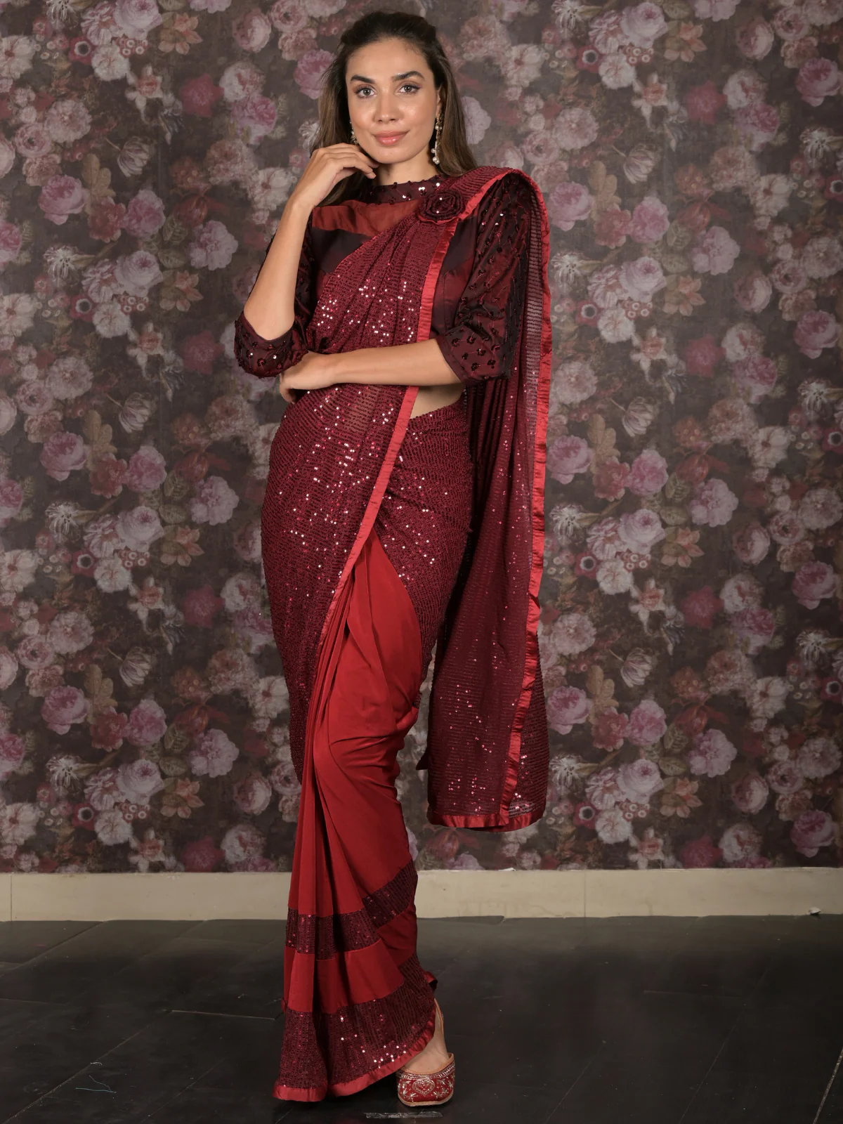 Odette Maroon Sequins Embroidered Ready-to-Wear Lycra Saree with Stitched Blouse for Women - Image 2