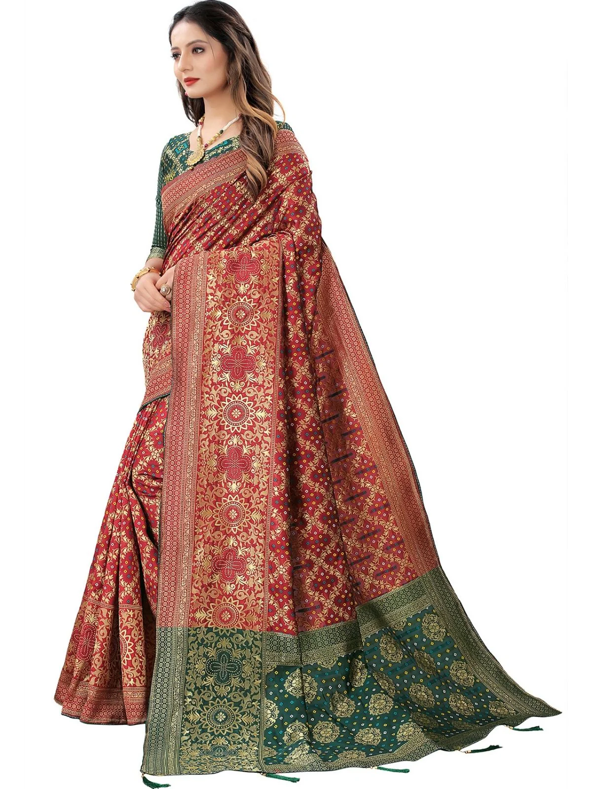 Odette Maroon Silk Blend Embellished Saree For Women - Image 2