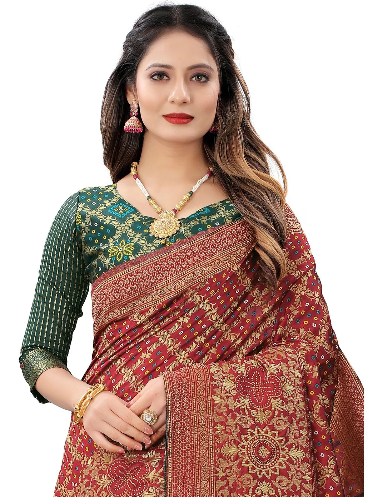 Odette Maroon Silk Blend Embellished Saree For Women - Image 4