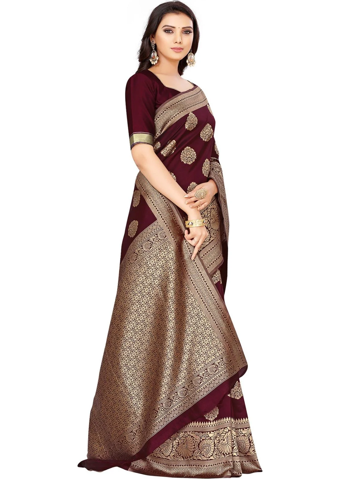 Odette Maroon Silk Blend Embellished Saree For Women - Image 3