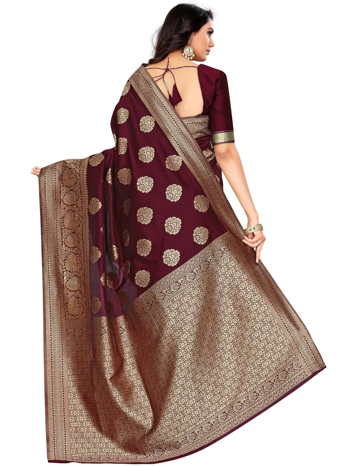 Odette Maroon Silk Blend Embellished Saree For Women - Image 4