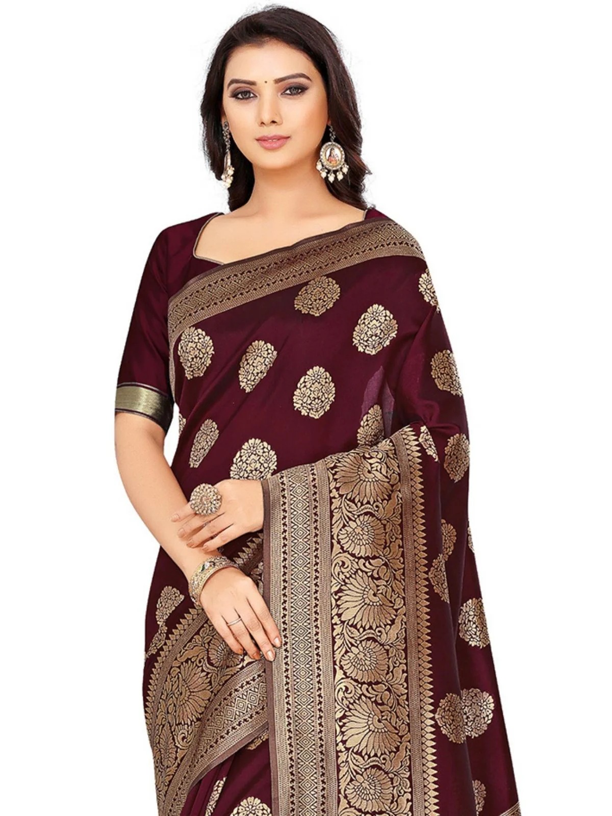 Odette Maroon Silk Blend Embellished Saree For Women - Image 5