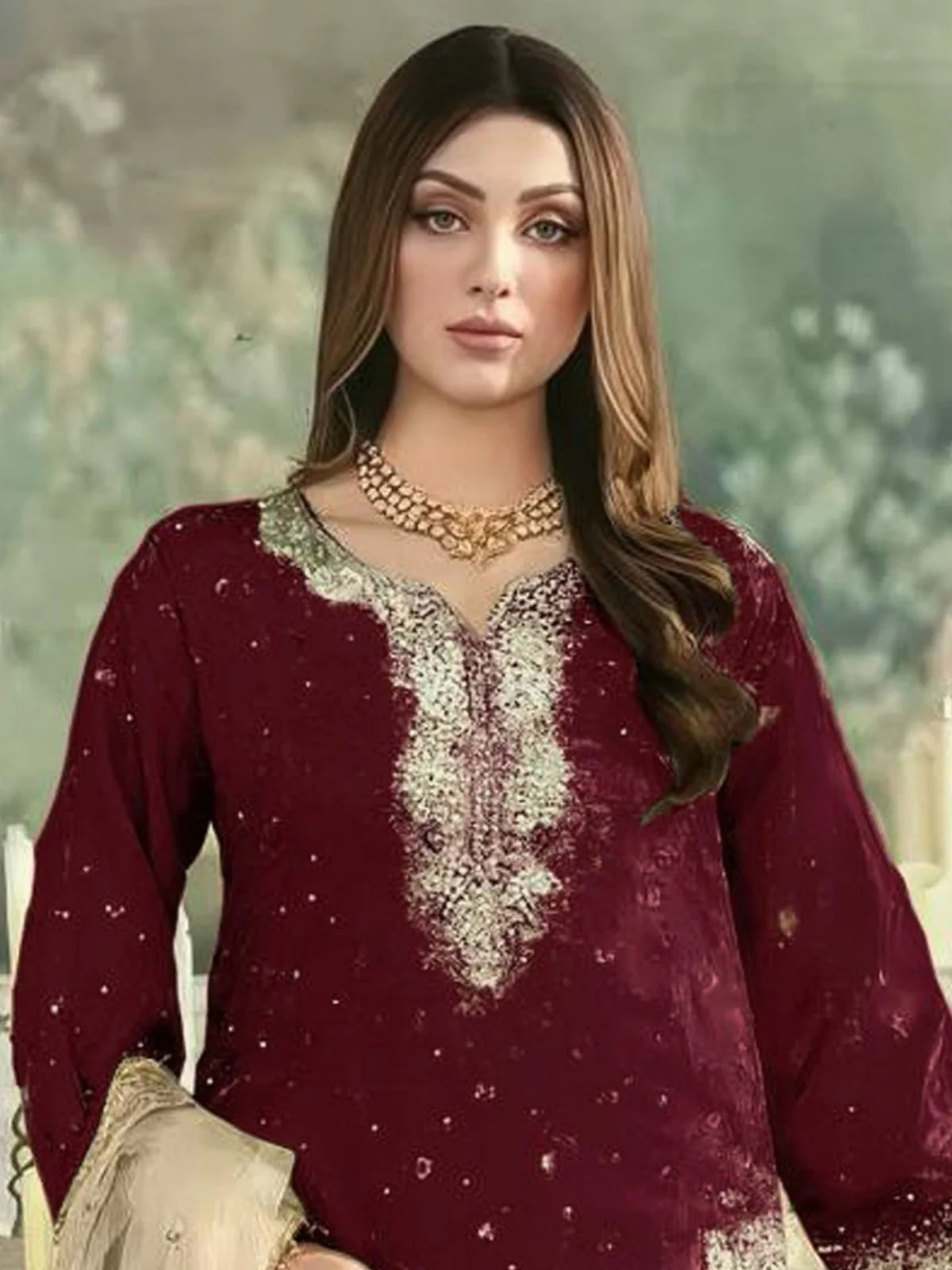 Odette Maroon Silk Blend Embellished Semi Stitched Kurta Set For Women - Image 2