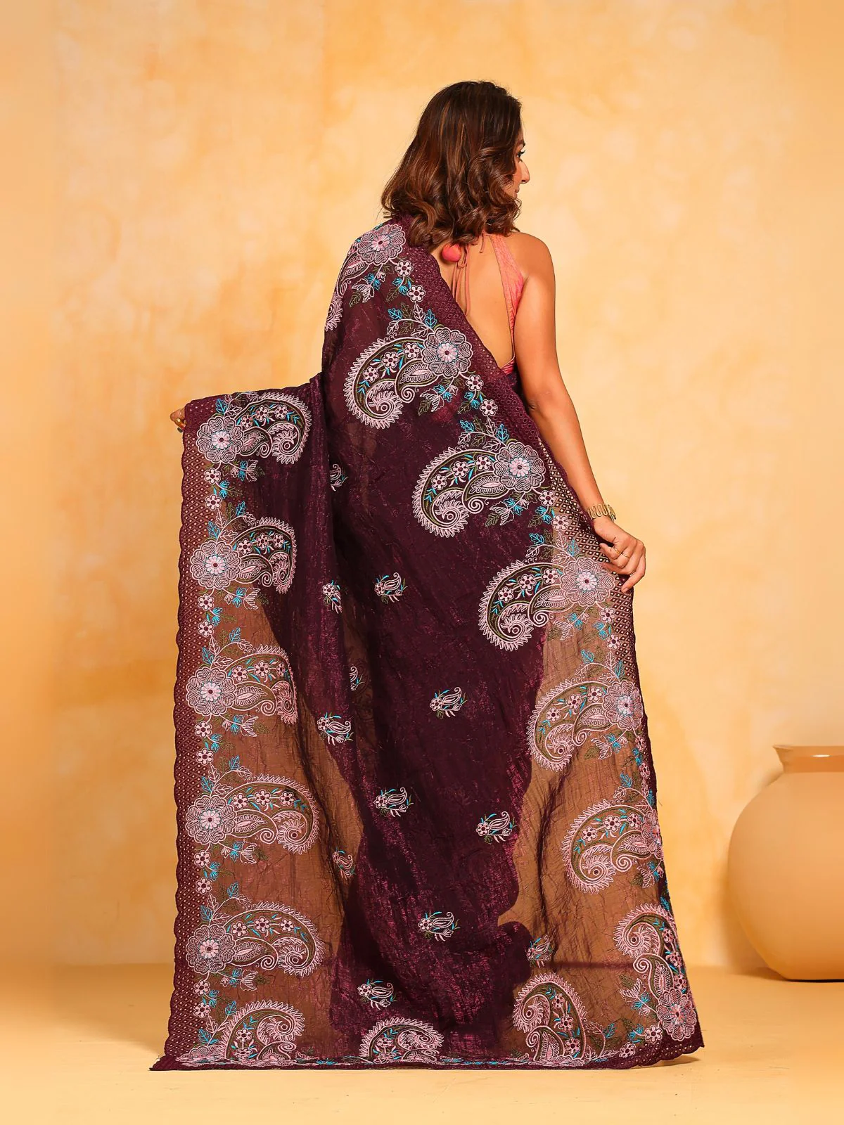 Odette Maroon Silk Blend Embroidered Saree With Unstitched Blouse For Women - Image 4