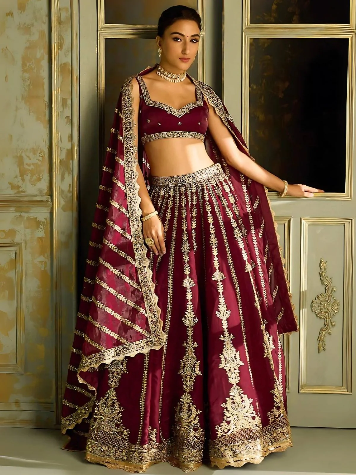 Odette Maroon Silk Blend Embroidered Semi-Stitched Lehenga For Women - Image 3