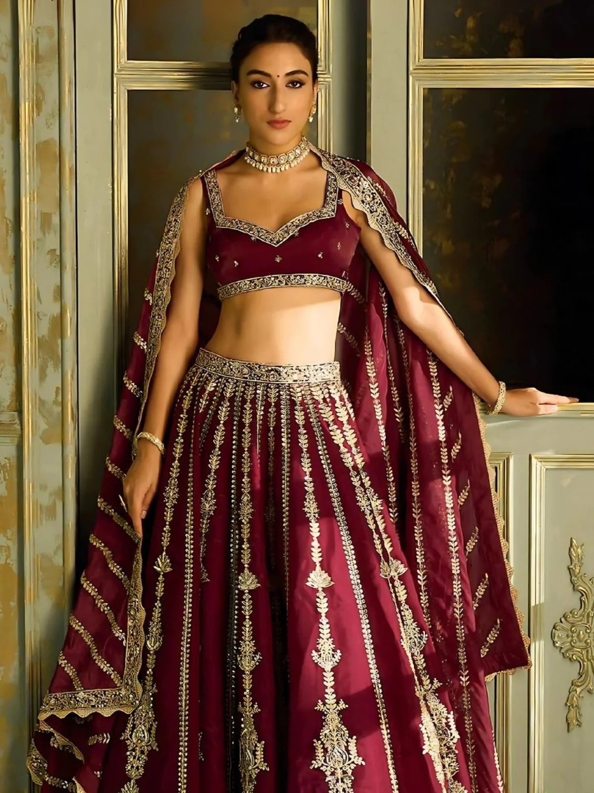Odette Maroon Silk Blend Embroidered Semi-Stitched Lehenga For Women - Image 4